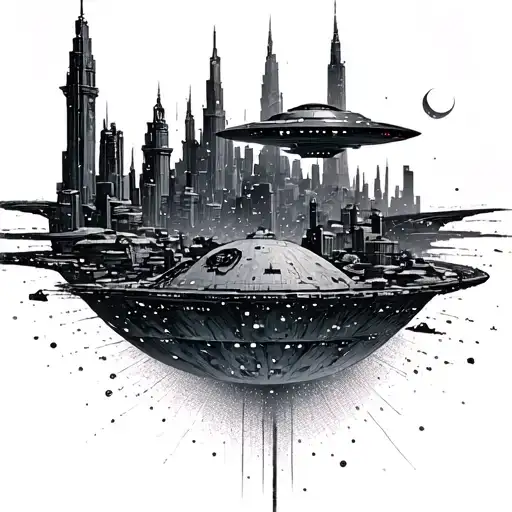 A Futuristic Cityscape On A Distant Planet With A Ufo Hovering Above