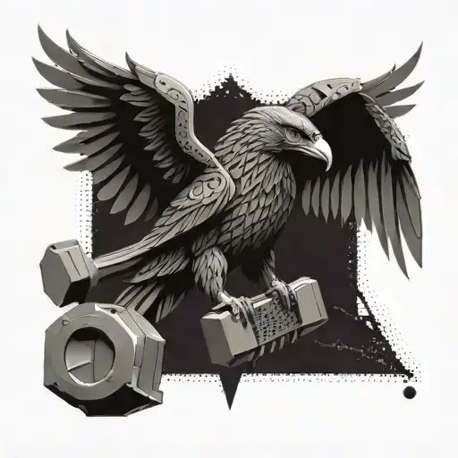 A Mechanical Eagle With Geometric Wings Holding A Thor Hammer In Its Talons