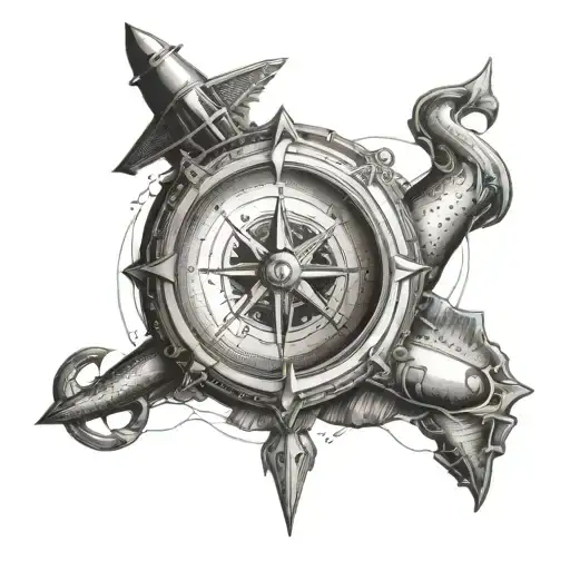 A Compass With A Trident Below And A Submarine Above