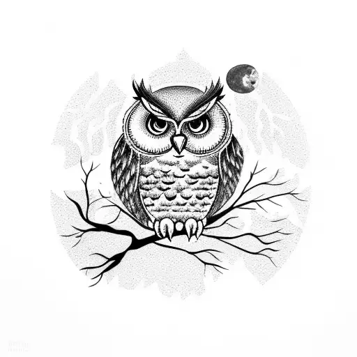 Owl On A Branch Looking Over The Lake With A Moon