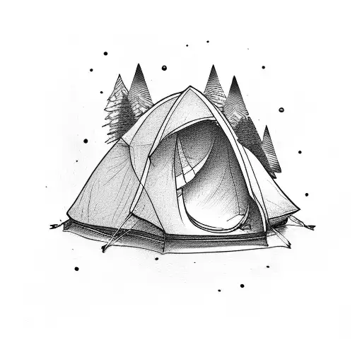 A Tent Nestled In A Forest With A Dog Resting Nearby