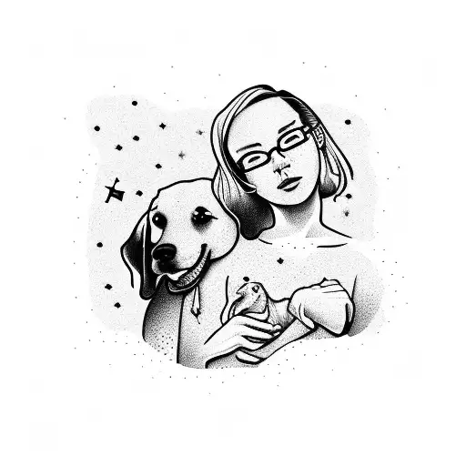 A Son And His Mother With One Dog Laying On The Ground And Looking At The Stars As A Tatoo