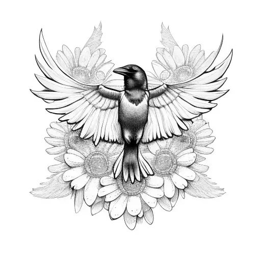 Raven Wings Surrounded By Daisies