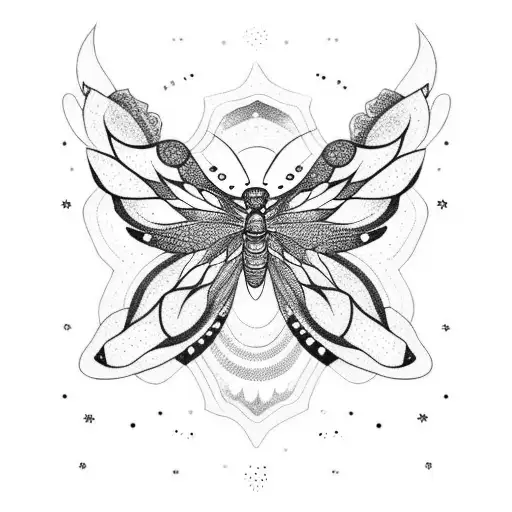 A Dotwork Tattoo Of A Cosmic Moth With Intricate Patterns And Details Inspired By Constellations