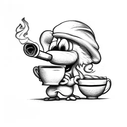 Cartoon Smurf Smoking A Cigar And Cup Of Coffee In Other Hand Weari