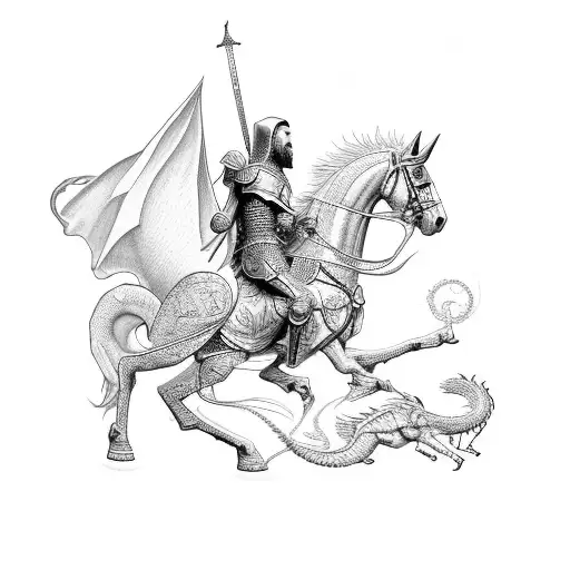 Saint George Riding A Horse And Slaying A Dragon With Intricate Dotwork