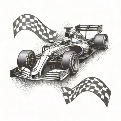 A Formula 1 Car With A Checkered Flag Waving In The Background