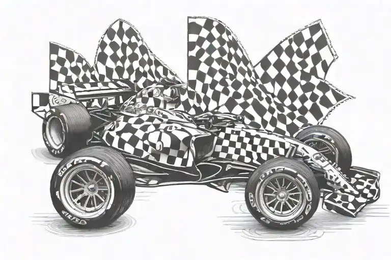 A Formula 1 Car With A Checkered Flag Waving In The Background