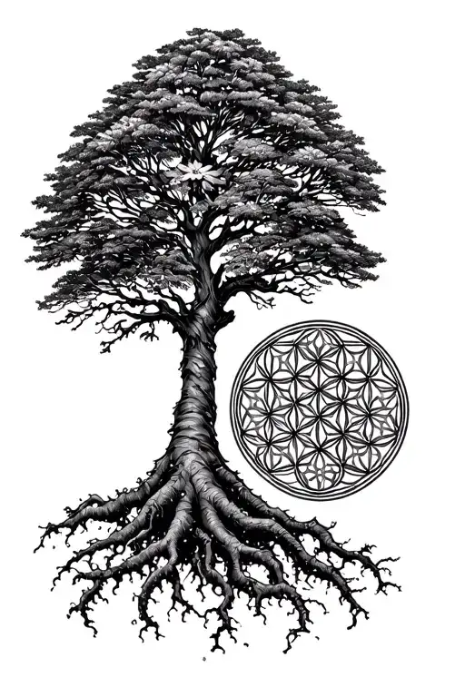 A Natural And Realistic Tree Design With Geometric Flower Of Life Design Intergrated Into The Roots