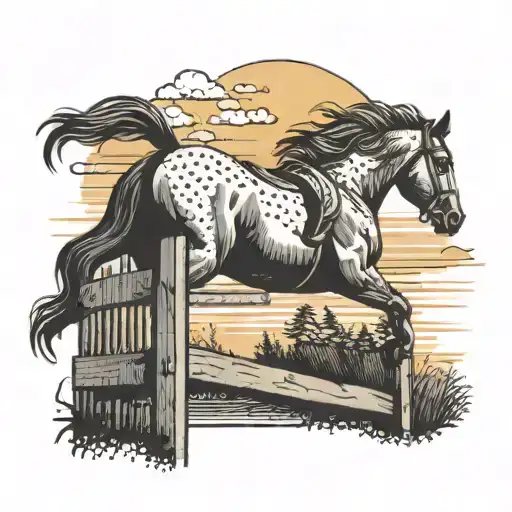 A Horse Jumping Over A Fence With A Sunset In The Background