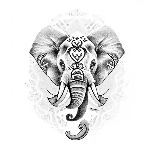 A Dotwork Tattoo Of An Elephant Surrounded By Blooming Orchids