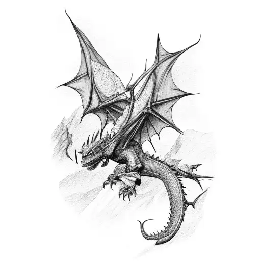 Red Dragon With Mountains In The Background And Forest Under