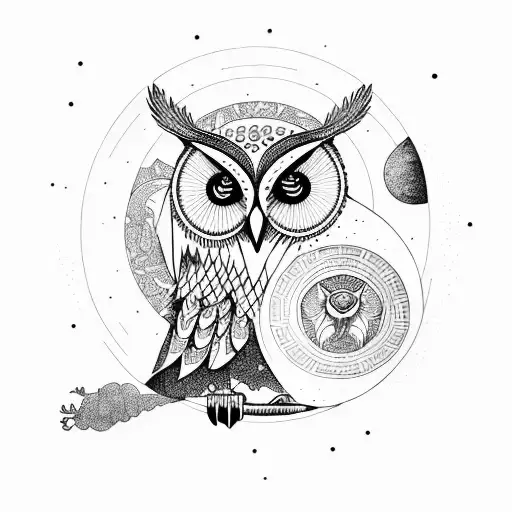 Flying Owl With Boho Moon And Ornamental Timeline