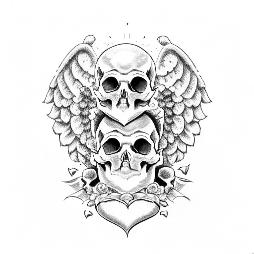 Skull With Heart Eye Sockets And Baby Angel On Top