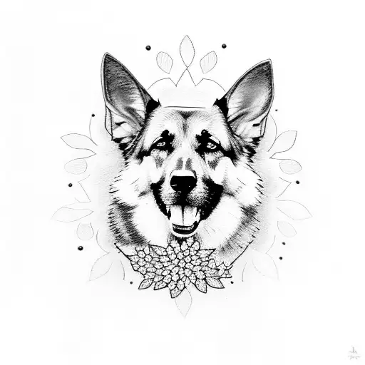 German Shepherd Portrait Surrounded By Delicate Dotwork Flowers