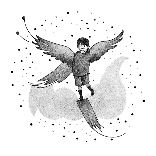 Little Boy Going Away Surrounded By Birds Flying Areound Him