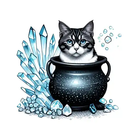 Cauldron And Crystals And Cat