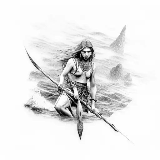 Spear Fisherman With Long Hair On A Rock In The Water