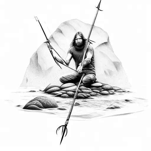 Spear Fisherman With Long Hair On A Rock In The Water
