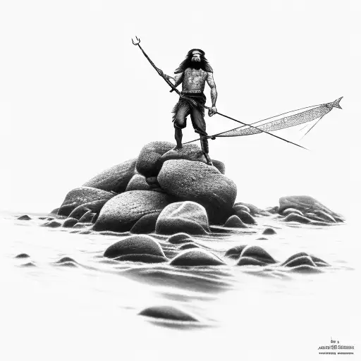 Spear Fisherman With Long Hair On A Rock In The Water