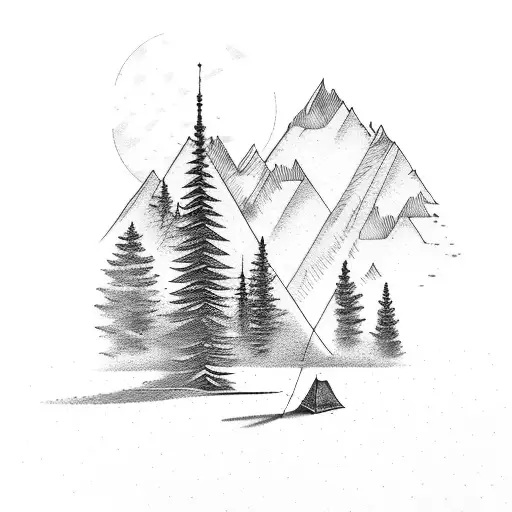 Camping Around Mountains And Pine Tree With Bicycle