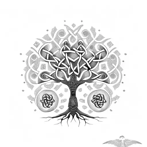 A Celtic Tree Of Life With Intricate Dotwork Patterns Inspired By Russian Folk Art