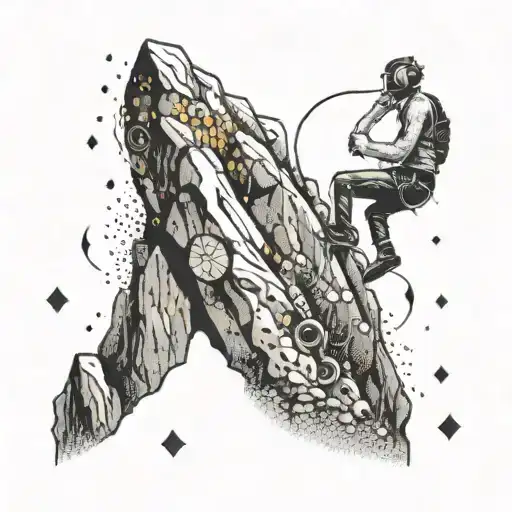 A Boulder Climber With Headphones Scaling A Mountain Made Of Musical Symbols