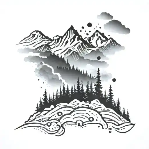 Create A Sleeve Tattoo Featuring A Mountain Range With Gun Silhouettes Integrated Into The Design