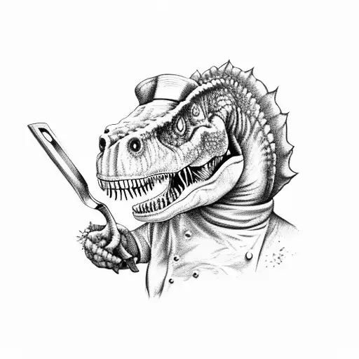 A T-rex Chef Wearing A Chef Hat And Holding A T-rex Knife In One Hand And A Frying Pan In The Other