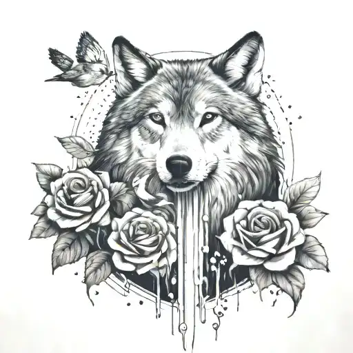 Waterfall With Birds Flying Towards A Rose And In The Center A Wolf With Her Baby