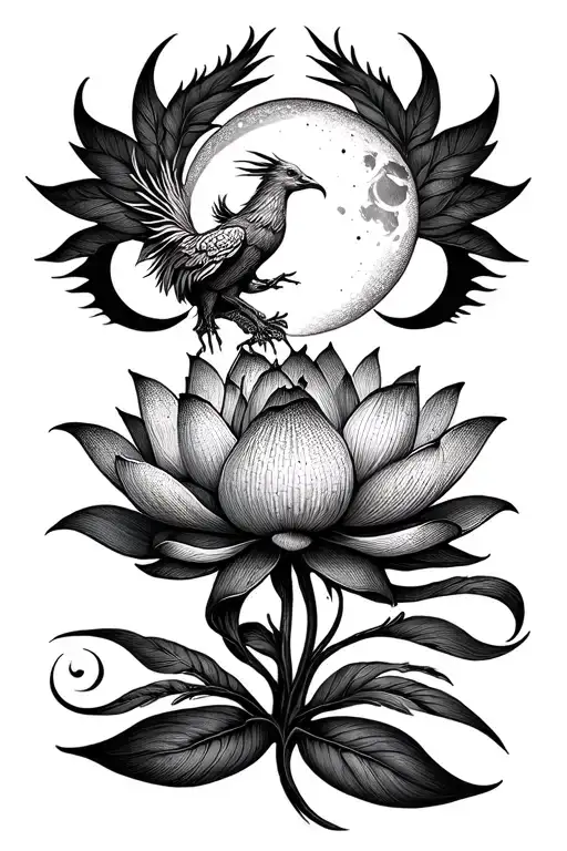 Lotus Flower With Phoenix And Moon Phases