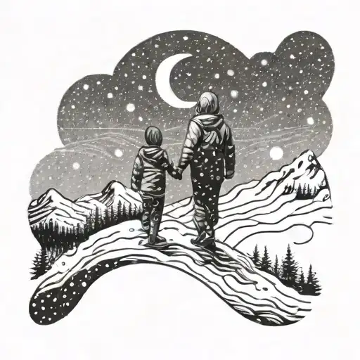 A Mother And Child Holding Hands Under A Starry Sky On A Snow-covered Hill