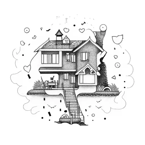 A Dotwork Tattoo Of A Cozy Beach House With Musical Notes Floating In The Air