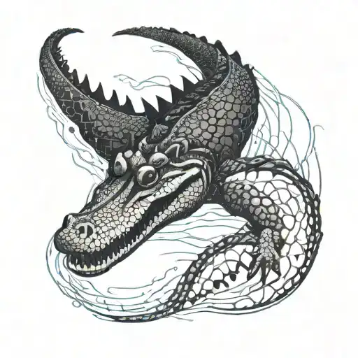 An Abstract Design Featuring A Crocodile's Silhouette Submerged In Water With Intricate Patterns