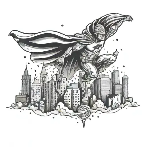 A Superhero Flying Over A City Skyline With Religious Symbols In The Background
