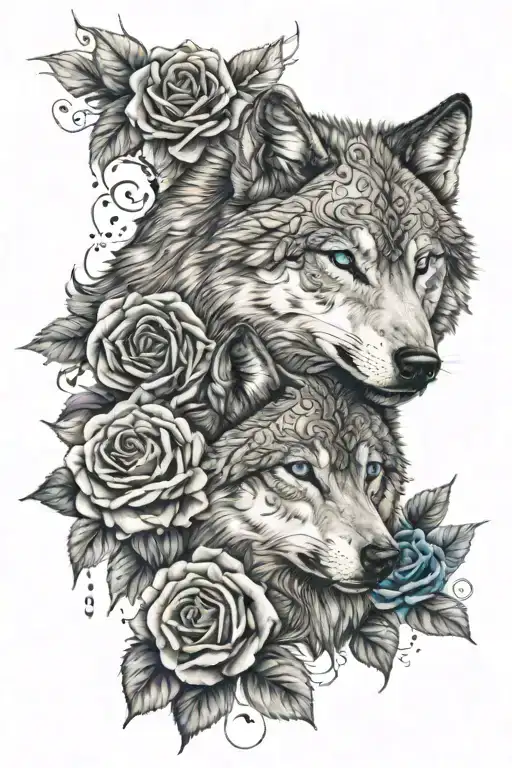 Roses And Wolf With Blue Eyes