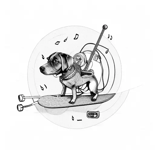 A Skateboard With Music Production Equipment As The Wheels And A Dog Riding It
