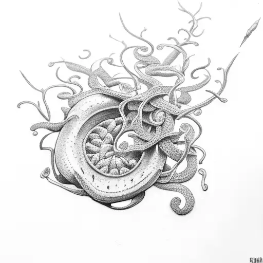 A Dotwork Tattoo Of A Carnivorous Plant Intertwined With A Vine Of Sausages