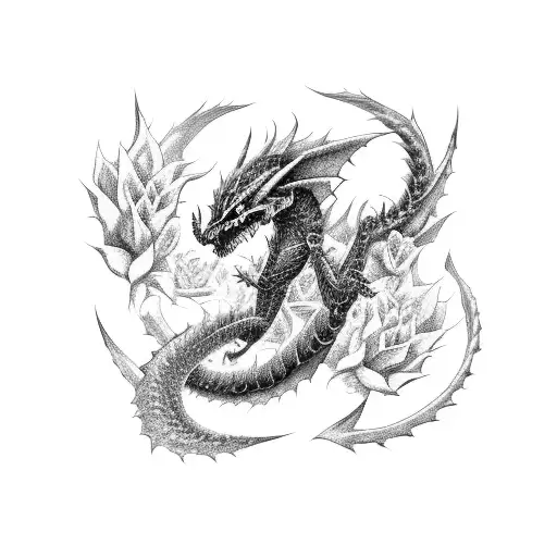 Black Wyvern Surrounded By Vivid Flowers