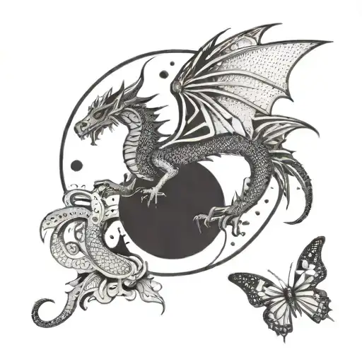 Dragon With Butterfly Flying Around Sun
