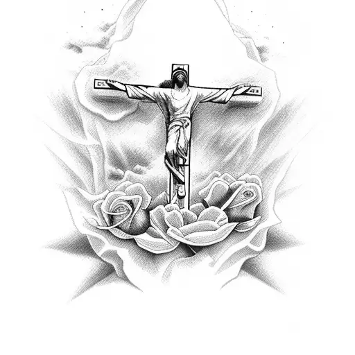 Rose Petals With Jesus On The Cross Gojng Up To Heaven