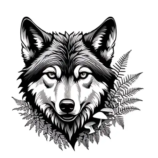 Wolf Head With Fern Leaves And Mushrooms And Elements Of Forest Flora