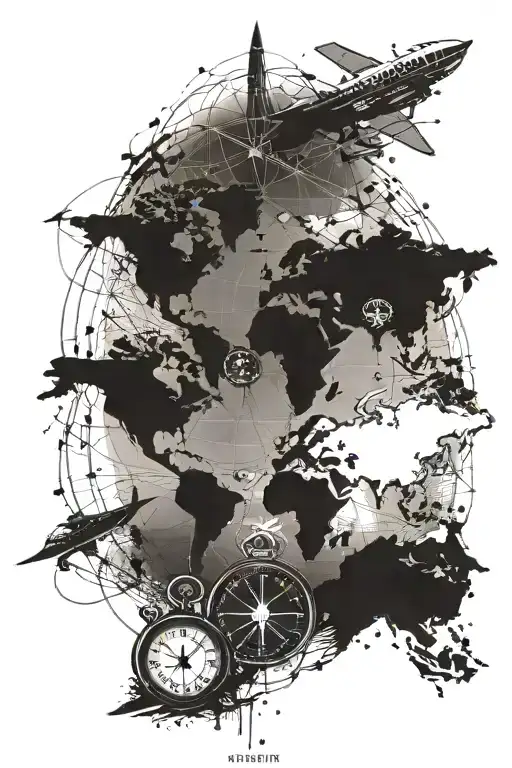 World Map Clock Compass Airplane Mountains Travel