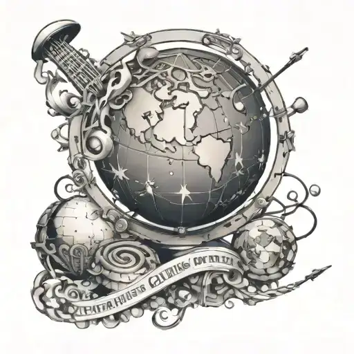 A Globe With Musical Instruments And Travel Symbols Intertwined