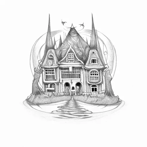 Pumkin With Scary Mansion And Witches