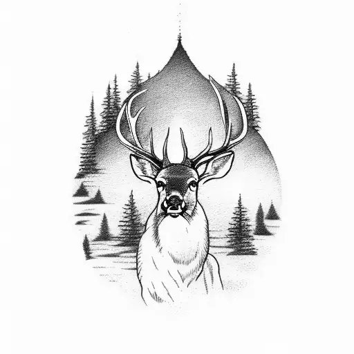 A Serene Landscape With A Deer Drinking From A River