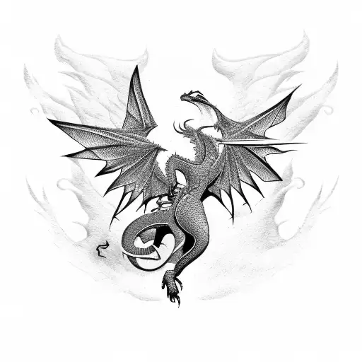 A Silhouette Of A Hiker With Dragon Wings Spread Wide In A Dotwork Style