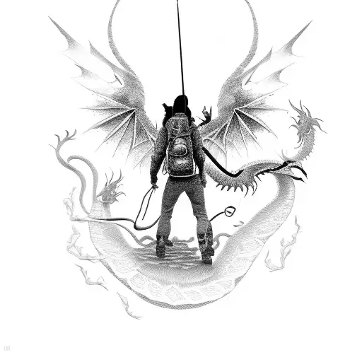 A Silhouette Of A Hiker With Dragon Wings Spread Wide In A Dotwork Style