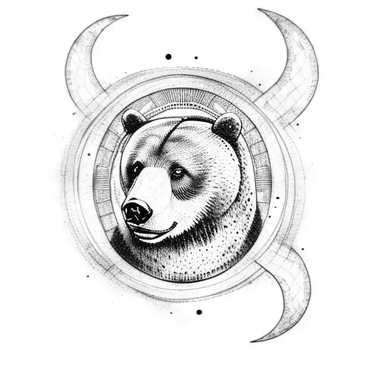 A Dotwork Tattoo Of A Bear Standing On A Bike With A Crescent Moon In The Background
