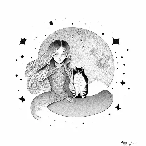 Girl And A Cat Early Morning Lookind At The Stars
